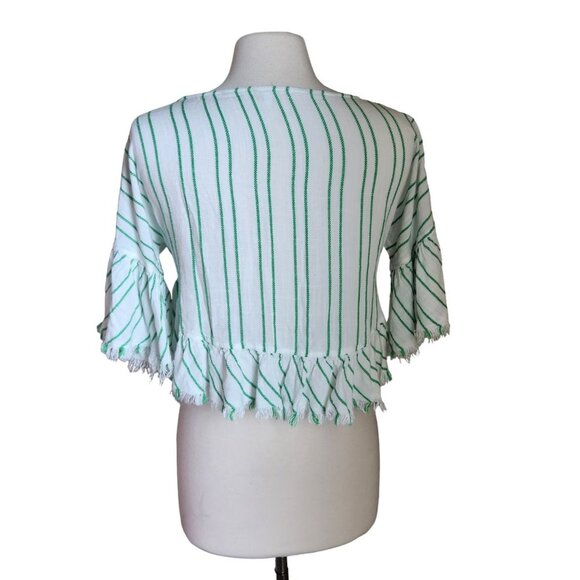 Olivaceous Women Size M Cropped‎ Top Tie Front Stripe Fringe Boho Bell Sleeves - Picture 2 of 13